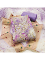 Lavender Floral Print Chanderi Silk Dress Material with Dupatta