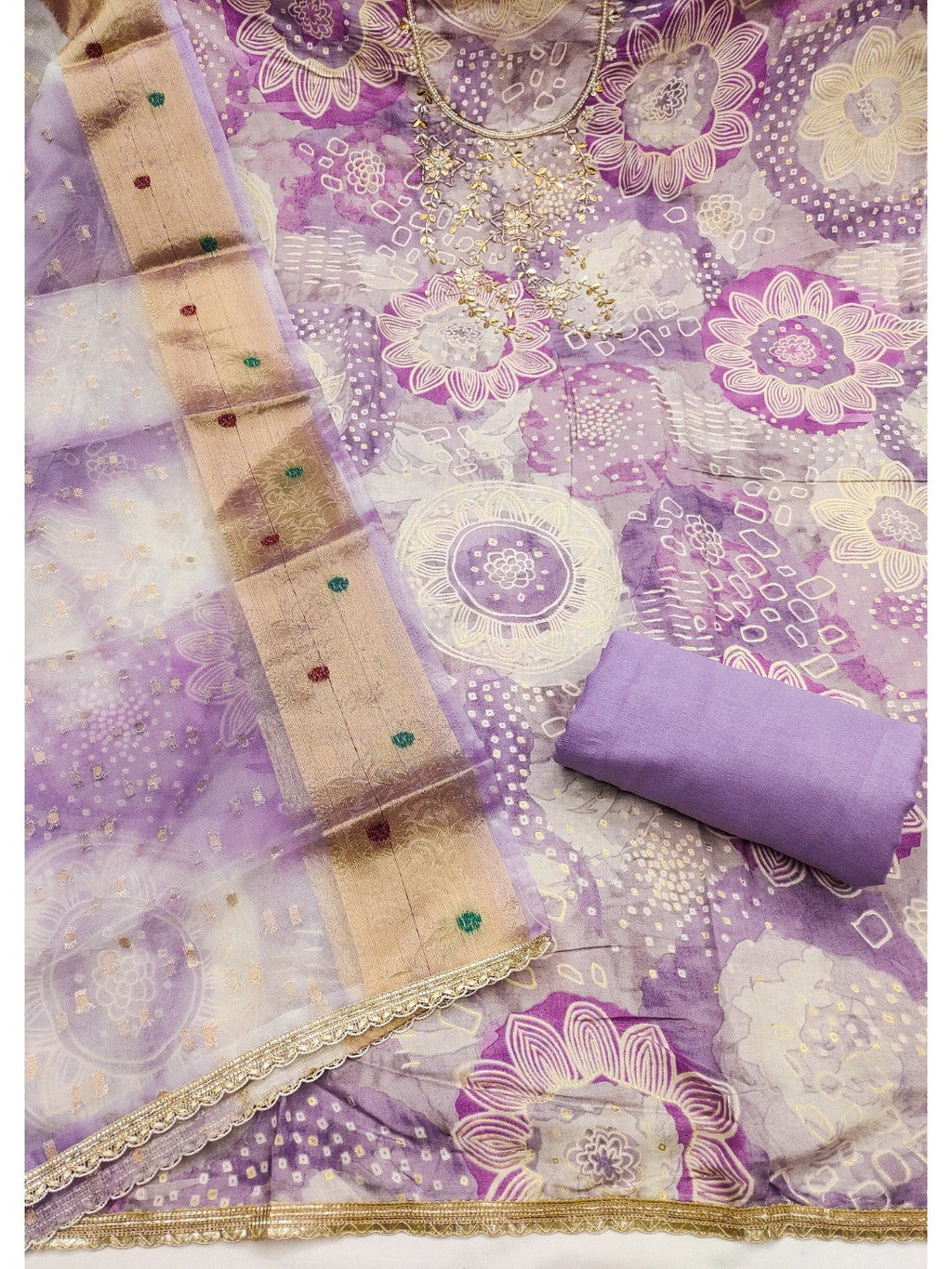 Lavender Floral Print Chanderi Silk Dress Material with Dupatta