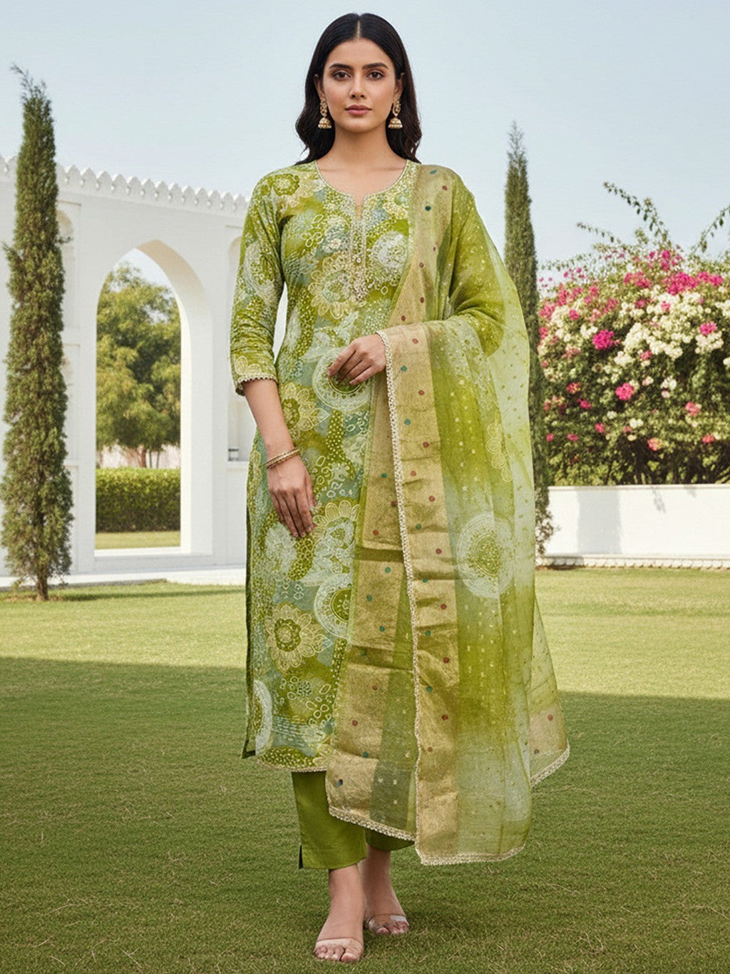 Green Floral Print Chanderi Silk Dress Material with Dupatta