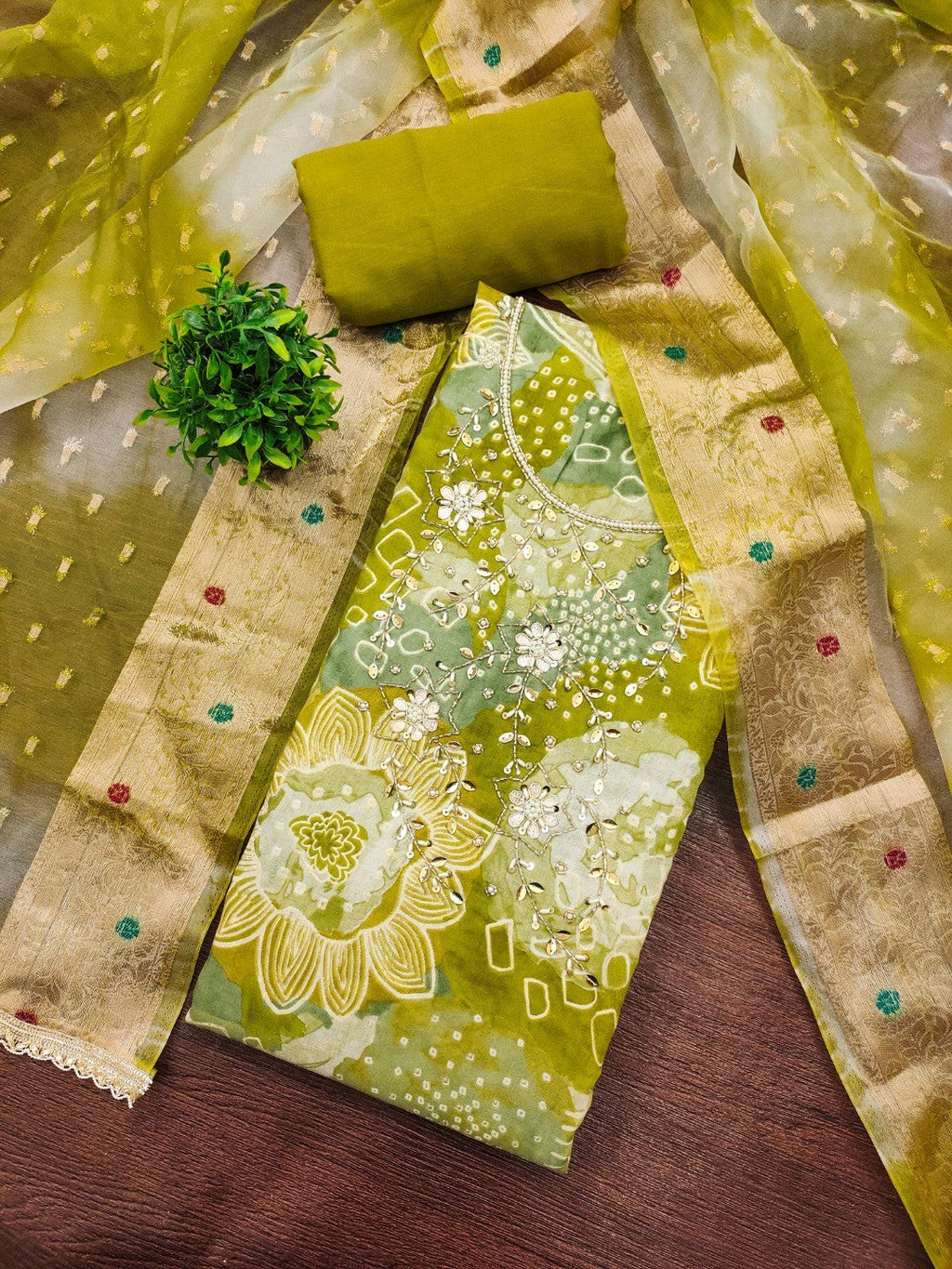 Green Floral Print Chanderi Silk Dress Material with Dupatta