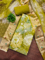 Green Floral Print Chanderi Silk Dress Material with Dupatta
