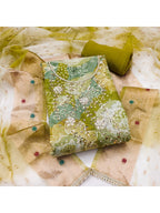 Green Floral Print Chanderi Silk Dress Material with Dupatta