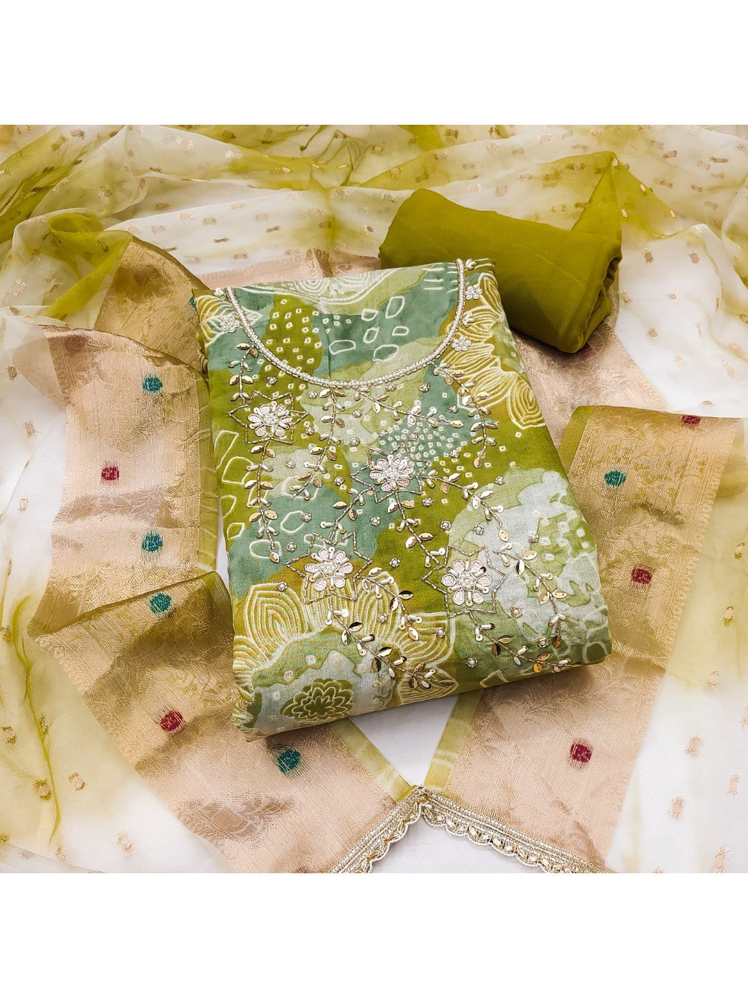 Green Floral Print Chanderi Silk Dress Material with Dupatta