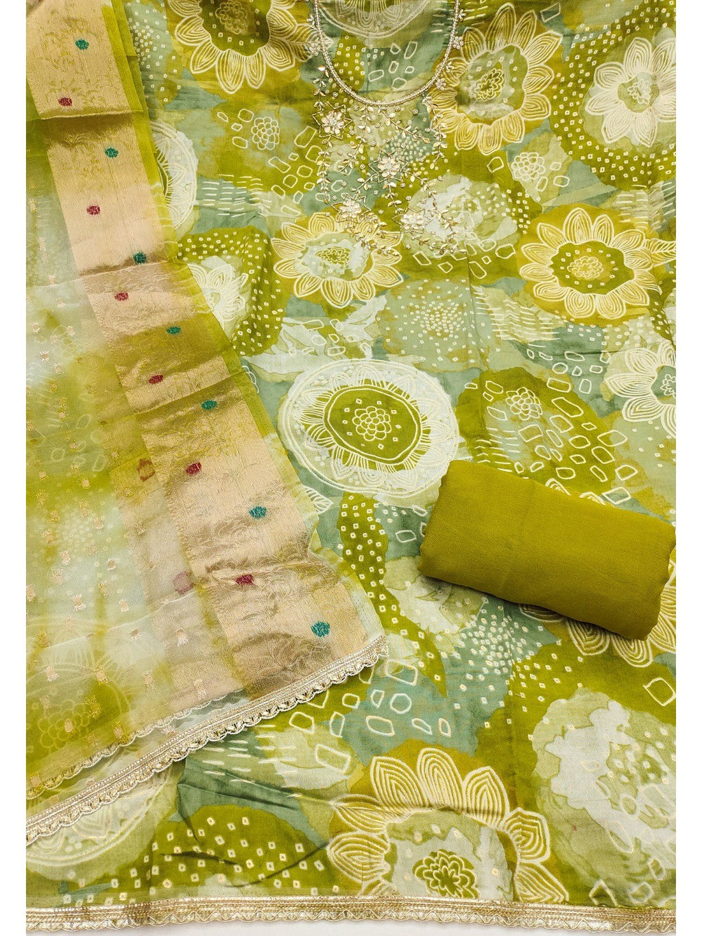 Green Floral Print Chanderi Silk Dress Material with Dupatta