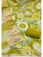 Green Floral Print Chanderi Silk Dress Material with Dupatta