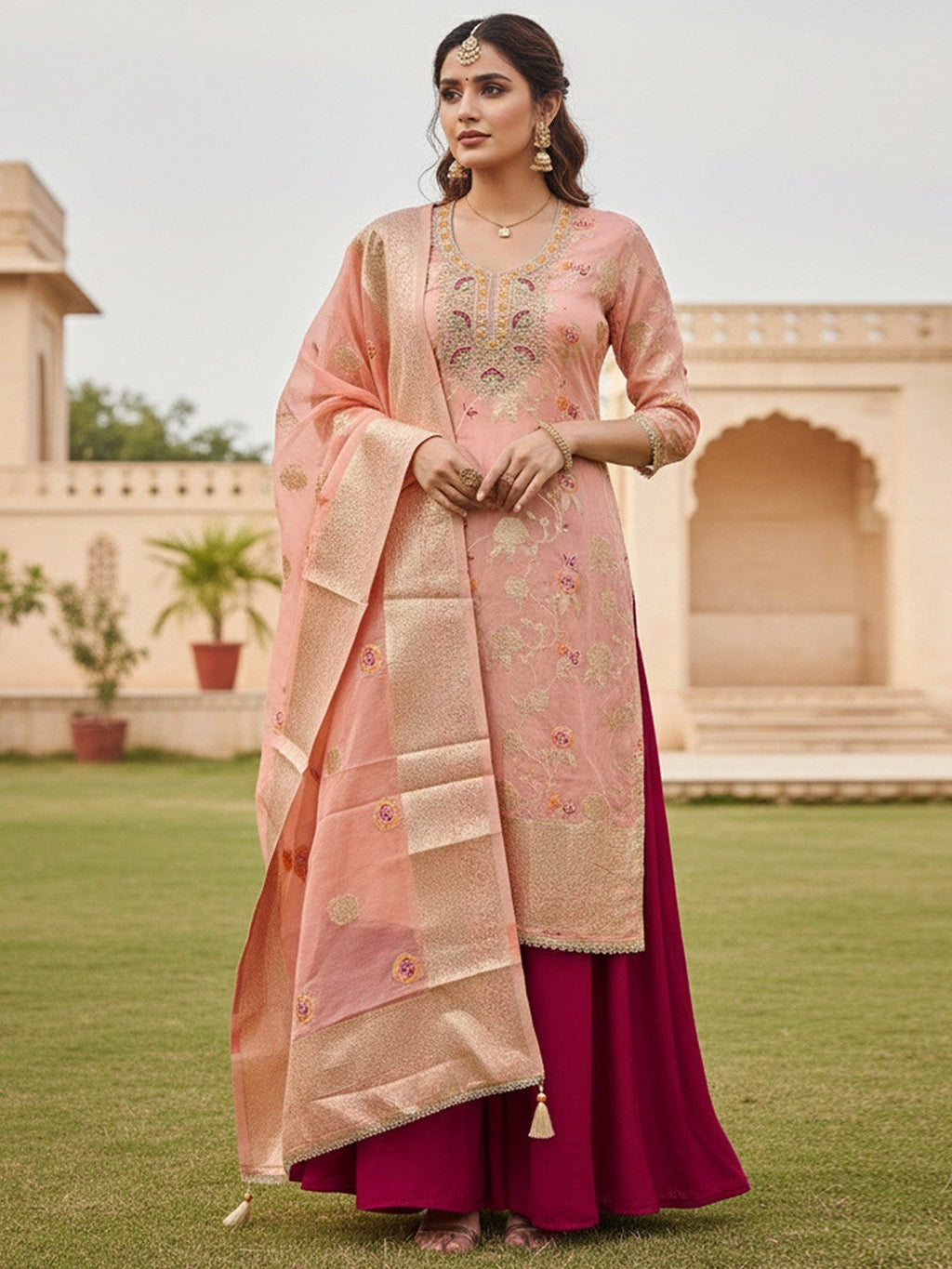 Peach Cotton Silk Fabric with Elegant Zari Floral Pattern Weaving