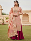 Peach Cotton Silk Fabric with Elegant Zari Floral Pattern Weaving
