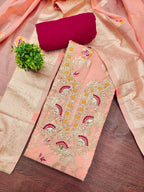 Peach Cotton Silk Fabric with Elegant Zari Floral Pattern Weaving