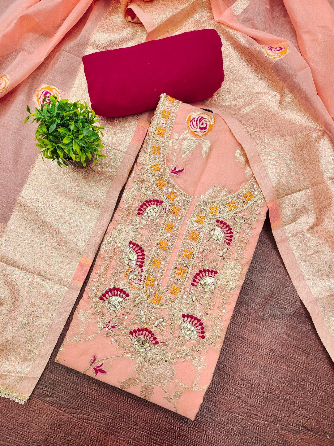 Peach Cotton Silk Fabric with Elegant Zari Floral Pattern Weaving