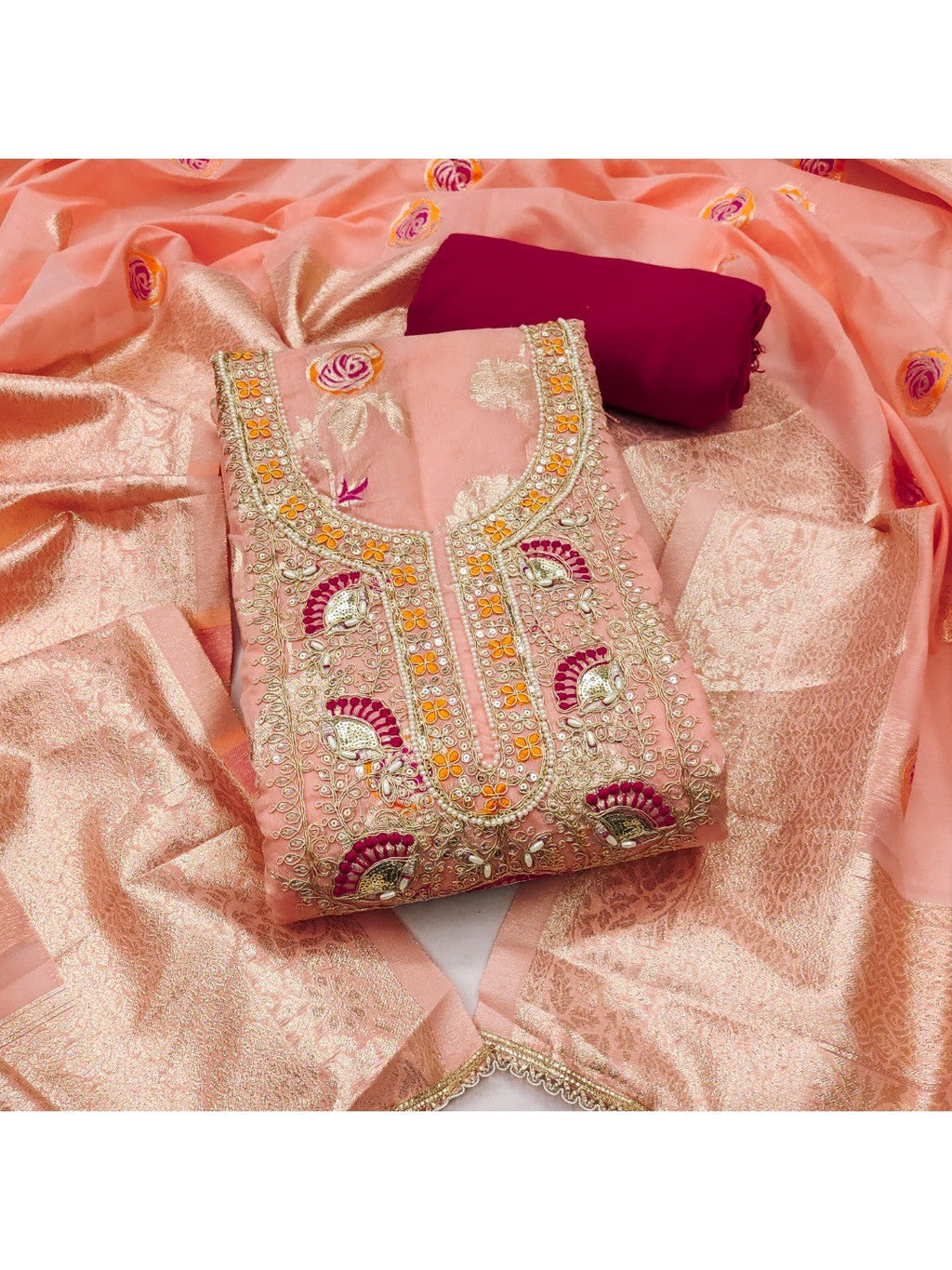 Peach Cotton Silk Fabric with Elegant Zari Floral Pattern Weaving