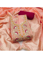 Peach Cotton Silk Fabric with Elegant Zari Floral Pattern Weaving