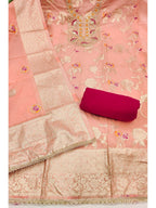 Peach Cotton Silk Fabric with Elegant Zari Floral Pattern Weaving