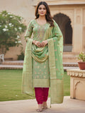 Green Cotton Silk Fabric with Elegant Zari Floral Pattern Weaving