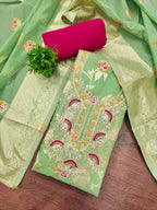 Green Cotton Silk Fabric with Elegant Zari Floral Pattern Weaving