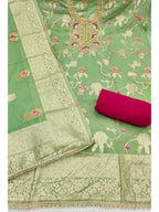 Green Cotton Silk Fabric with Elegant Zari Floral Pattern Weaving