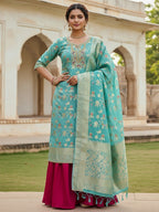 Turquoise Cotton Silk Fabric with Elegant Zari Floral Pattern Weaving