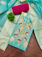 Turquoise Cotton Silk Fabric with Elegant Zari Floral Pattern Weaving