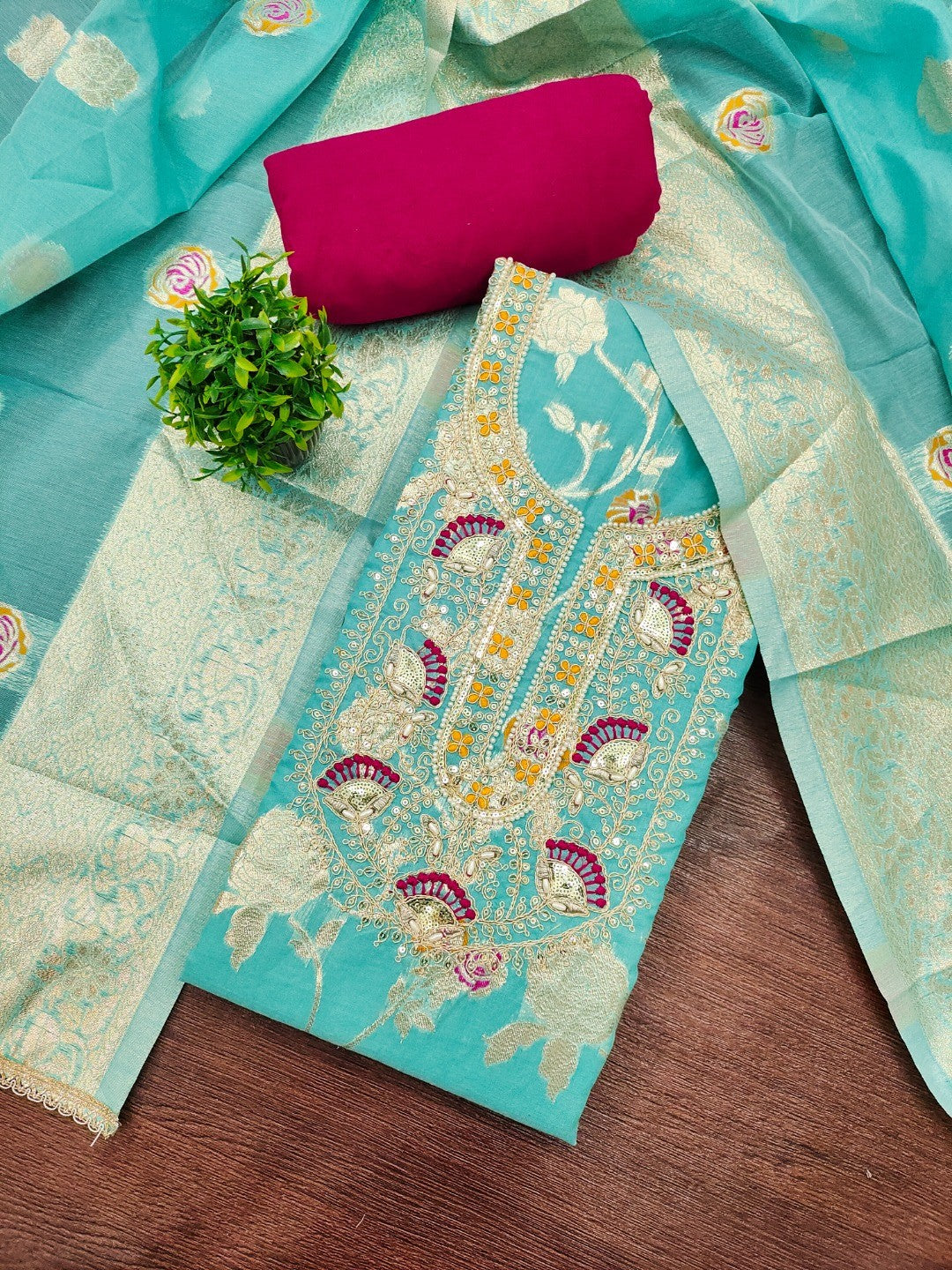 Turquoise Cotton Silk Fabric with Elegant Zari Floral Pattern Weaving
