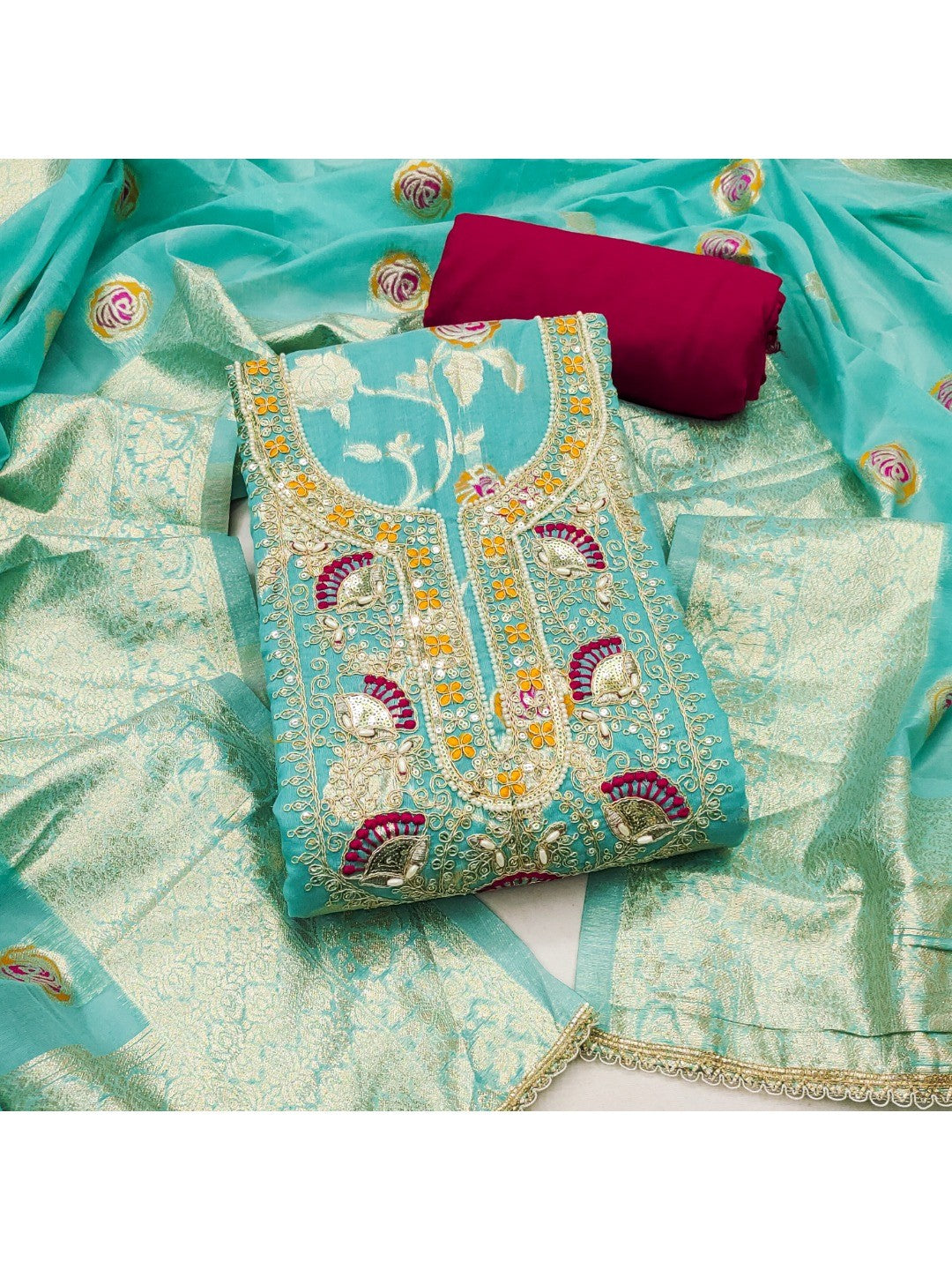 Turquoise Cotton Silk Fabric with Elegant Zari Floral Pattern Weaving