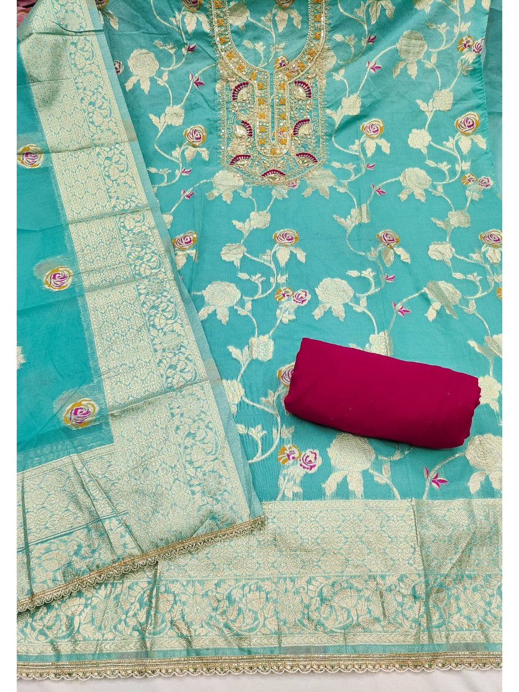Turquoise Cotton Silk Fabric with Elegant Zari Floral Pattern Weaving