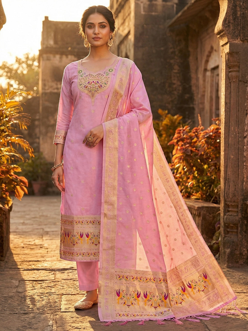 Elegant Pink Banarasi Silk Unstitched Dress Material with Dupatta