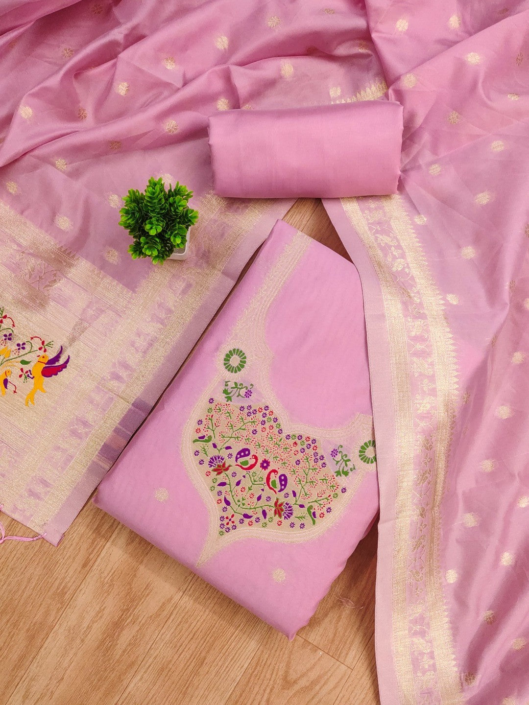 Elegant Pink Banarasi Silk Unstitched Dress Material with Dupatta