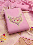 Elegant Pink Banarasi Silk Unstitched Dress Material with Dupatta