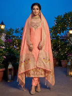Elegant Peach Banarasi Silk Unstitched Dress Material with Dupatta