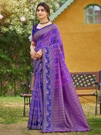 Ethnic Violet Floral & Geometric Zari Weaving Silk Blend Saree With Tassels Pallu