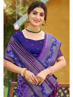 Ethnic Violet Floral & Geometric Zari Weaving Silk Blend Saree With Tassels Pallu