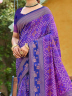 Ethnic Violet Floral & Geometric Zari Weaving Silk Blend Saree With Tassels Pallu
