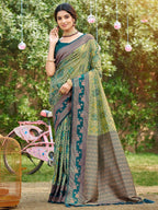 Ethnic Teal Green Floral & Geometric Zari Weaving Silk Blend Saree With Tassels Pallu