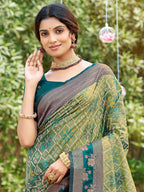 Ethnic Teal Green Floral & Geometric Zari Weaving Silk Blend Saree With Tassels Pallu