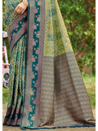 Ethnic Teal Green Floral & Geometric Zari Weaving Silk Blend Saree With Tassels Pallu