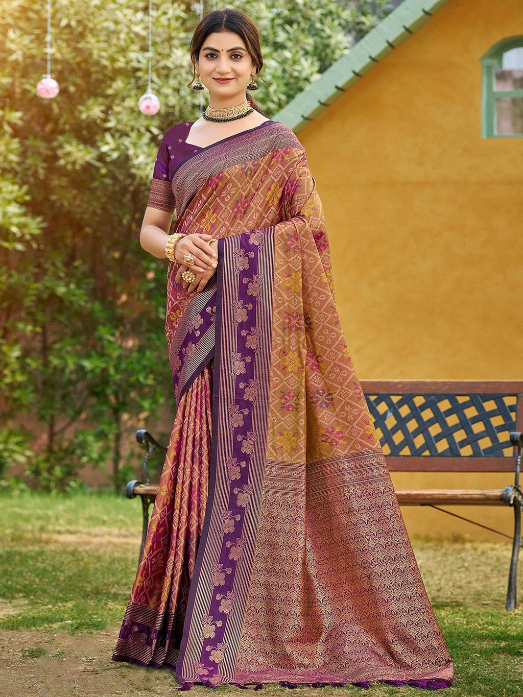 Ethnic Mustard Floral & Geometric Zari Weaving Silk Blend Saree With Tassels Pallu