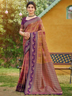 Ethnic Mustard Floral & Geometric Zari Weaving Silk Blend Saree With Tassels Pallu