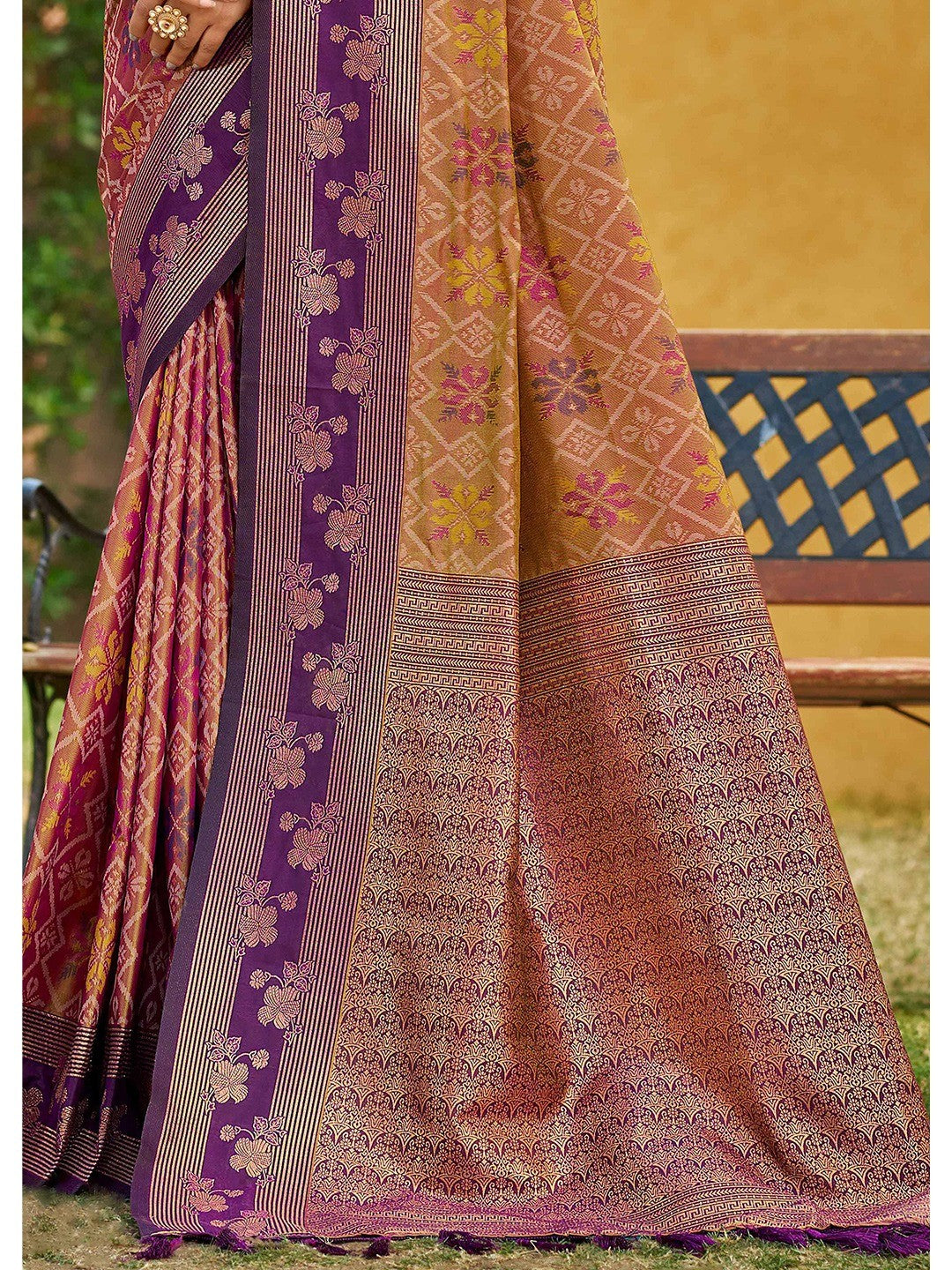 Ethnic Mustard Floral & Geometric Zari Weaving Silk Blend Saree With Tassels Pallu