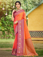Classic Coral Orange Floral & Peacock Design Zari Woven Silk Blend Saree With Trendy Tassel Pallu