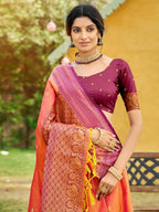 Classic Coral Orange Floral & Peacock Design Zari Woven Silk Blend Saree With Trendy Tassel Pallu