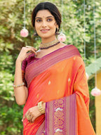Classic Coral Orange Floral & Peacock Design Zari Woven Silk Blend Saree With Trendy Tassel Pallu