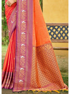 Classic Coral Orange Floral & Peacock Design Zari Woven Silk Blend Saree With Trendy Tassel Pallu