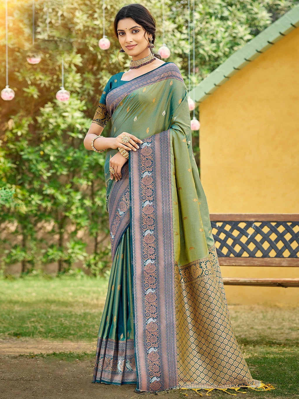 Classic Sage Green Floral & Peacock Design Zari Woven Silk Blend Saree With Trendy Tassel Pallu