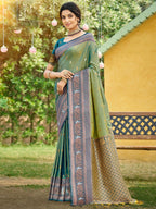 Classic Sage Green Floral & Peacock Design Zari Woven Silk Blend Saree With Trendy Tassel Pallu