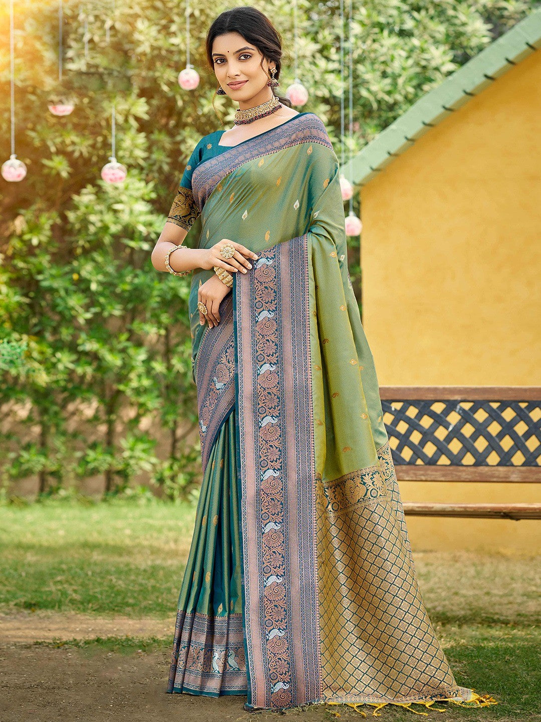 Classic Sage Green Floral & Peacock Design Zari Woven Silk Blend Saree With Trendy Tassel Pallu