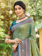 Classic Sage Green Floral & Peacock Design Zari Woven Silk Blend Saree With Trendy Tassel Pallu