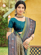 Classic Sage Green Floral & Peacock Design Zari Woven Silk Blend Saree With Trendy Tassel Pallu