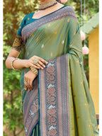Classic Sage Green Floral & Peacock Design Zari Woven Silk Blend Saree With Trendy Tassel Pallu
