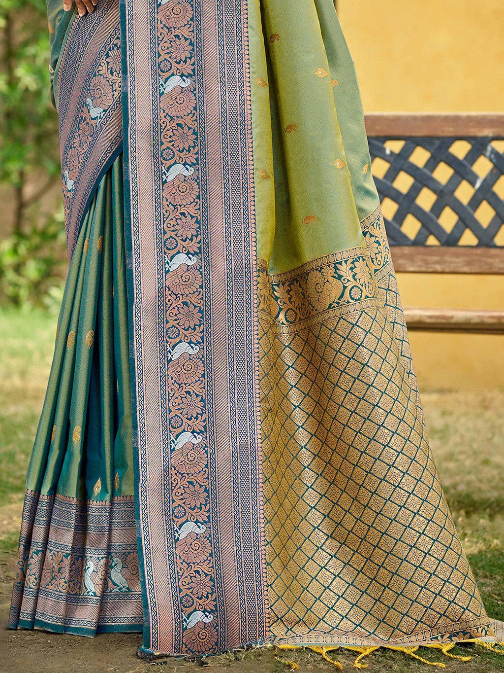 Classic Sage Green Floral & Peacock Design Zari Woven Silk Blend Saree With Trendy Tassel Pallu