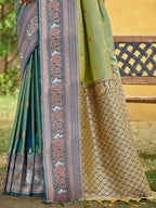 Classic Sage Green Floral & Peacock Design Zari Woven Silk Blend Saree With Trendy Tassel Pallu