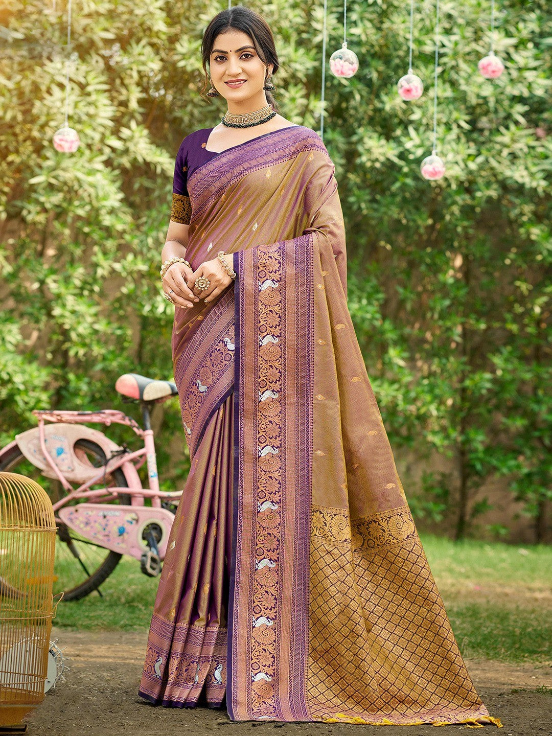 Classic Mocha Brown Floral & Peacock Design Zari Woven Silk Blend Saree With Trendy Tassel Pallu